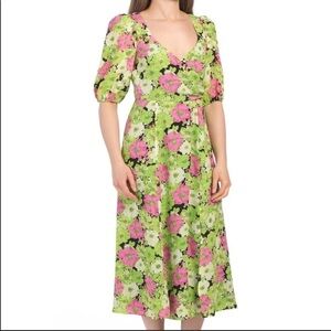 NWT WAYF SURPLICE NECK GREEN FLORAL MIDI DRESS L